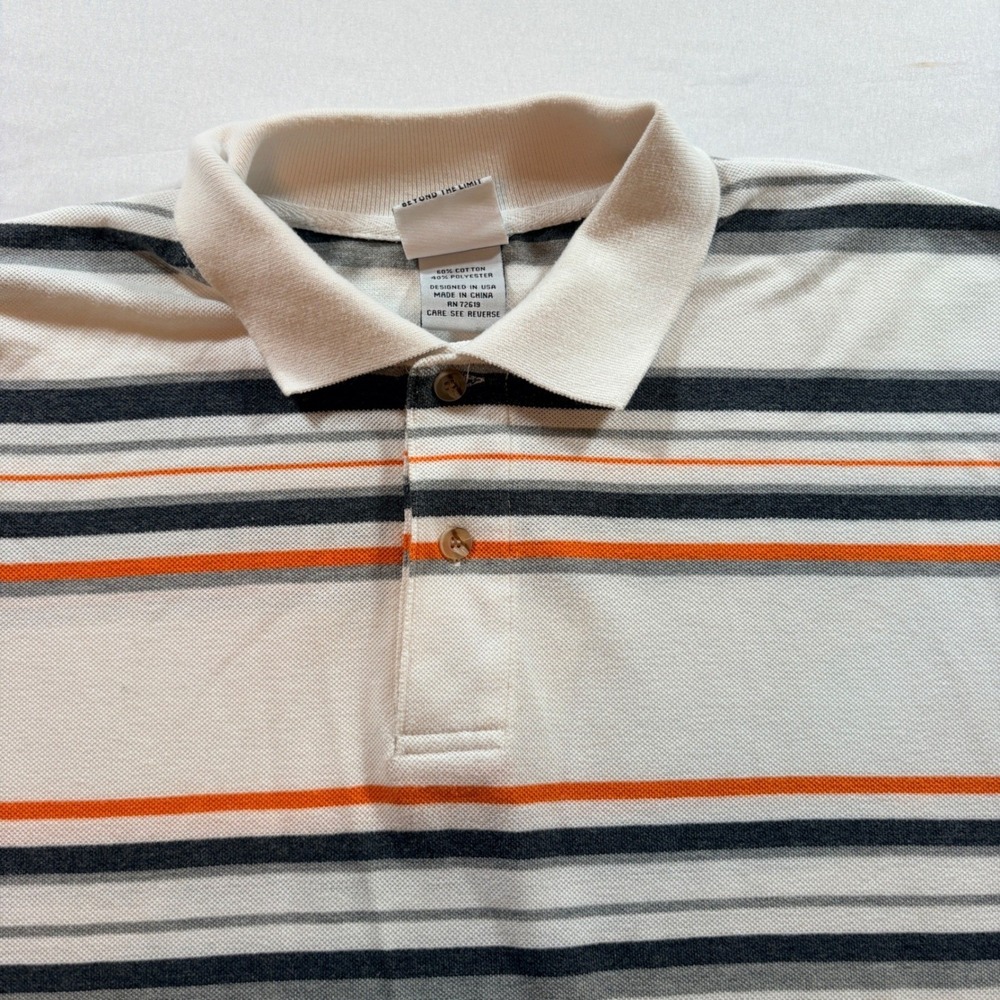 Beyond The Limit Polo Shirt Mens XL White Orange Grey Striped Pique Short Sleeve